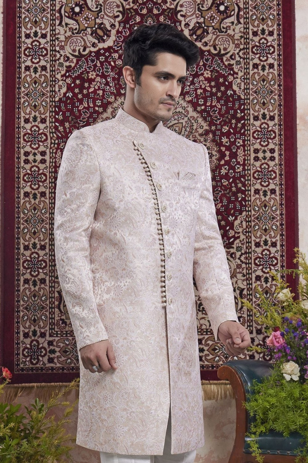 Lilac Pink Jacquard Woven Indo Western Mens Indian Wedding Attire - close-up view
