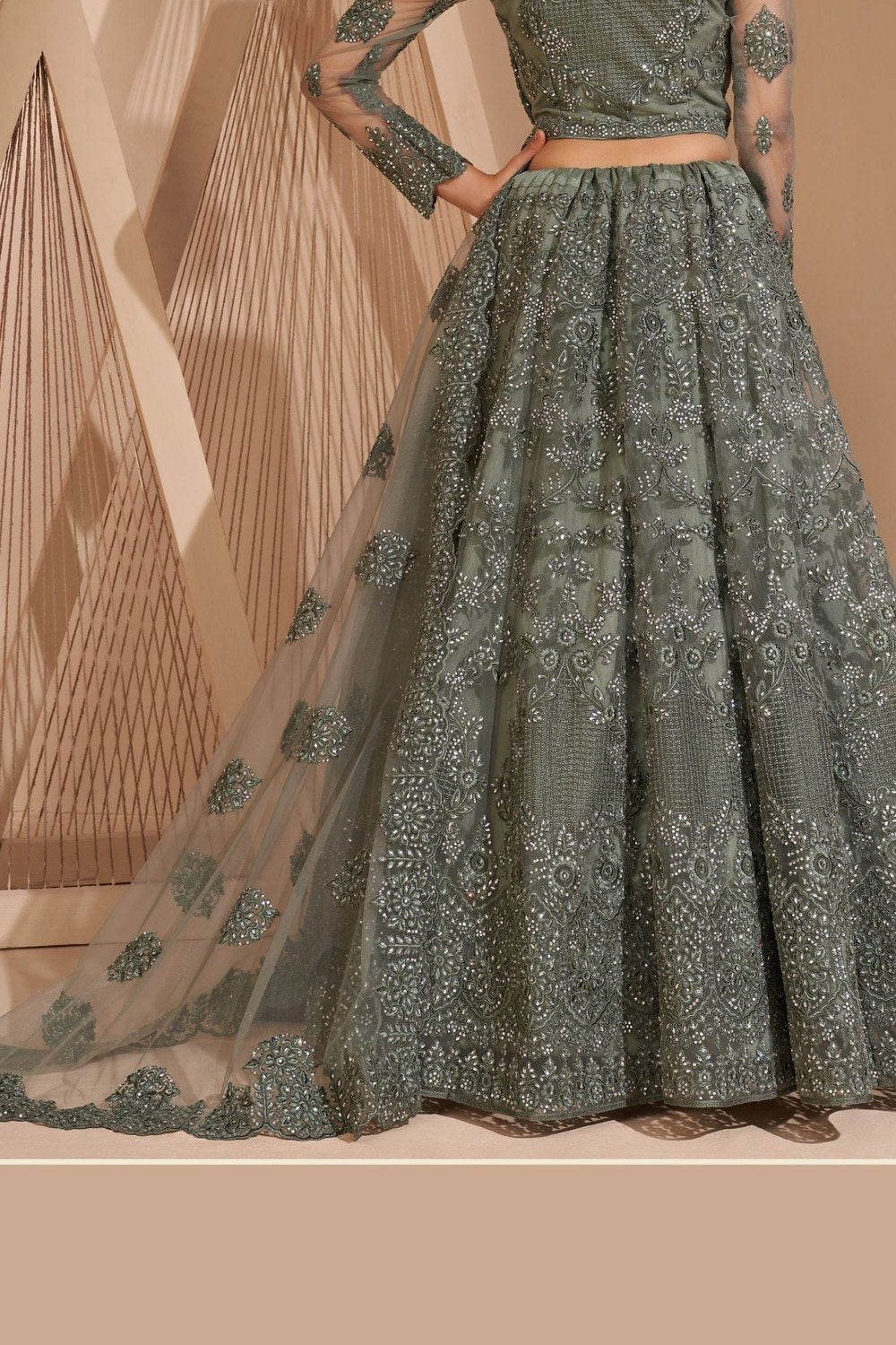 Olive  Net Lehenga Choli For Indian Festivals & Weddings - Thread Embroidery Work, Codding Work - hem and footwear detail