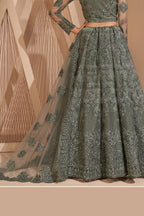 Olive  Net Lehenga Choli For Indian Festivals & Weddings - Thread Embroidery Work, Codding Work - hem and footwear detail