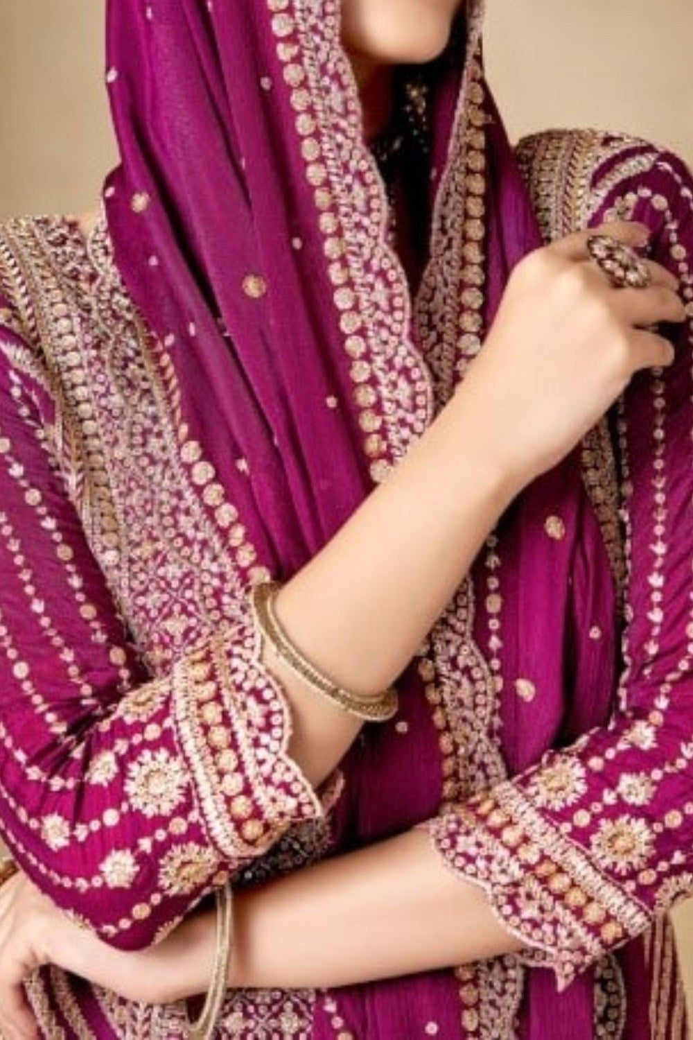 Pink Chinon Silk Sharara Suit for Women for Wedding & Engagement - Sequence Embroidery Work, Zari Work - hem and footwear detail