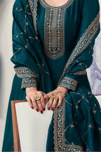 Teal Georgette Silk Anarkali Suit for Indian Wedding Guest Outfits - Embroidery Work - hem and footwear detail