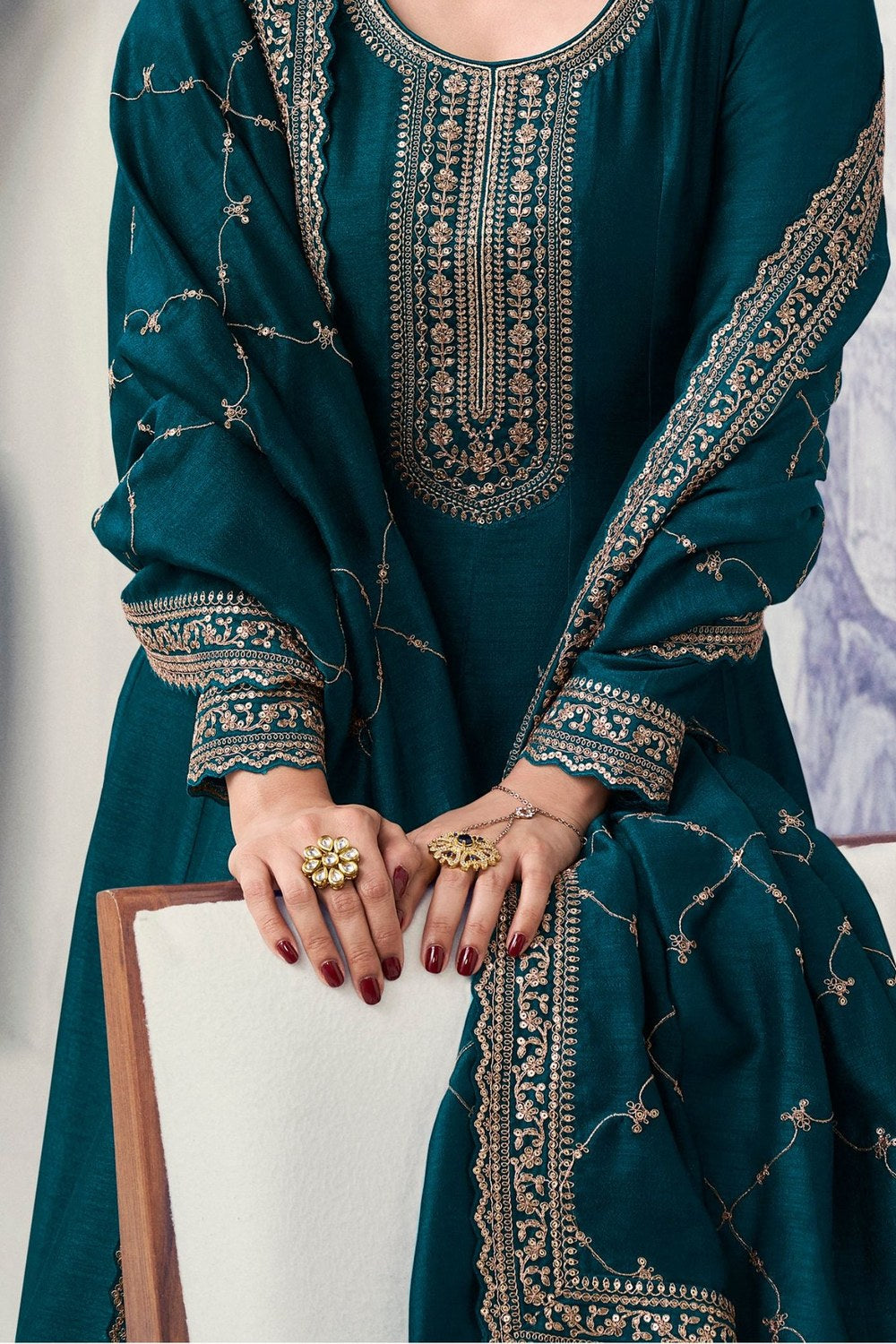 Teal Georgette Silk Anarkali Suit for Indian Wedding Guest Outfits - Embroidery Work - hem and footwear detail