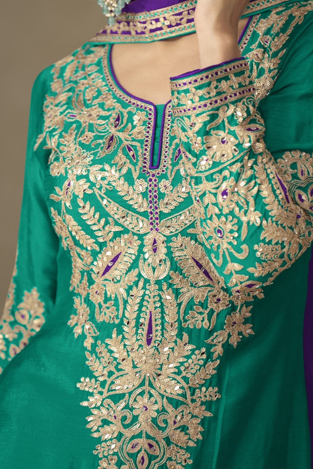 Green Chinon Silk Kameez With Plazo Suit For Indian & Pakistani Wedding Festival - Thread & Sequence Embroidery - hem and footwear detail