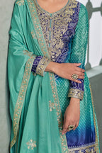 Teal Chinon Silk Dual Color Bandhani Print Style Plazo Suit For Indian & Pakistani Wedding Festival - Thread & Sequence Embroidery Work, Print Work - hem and footwear detail