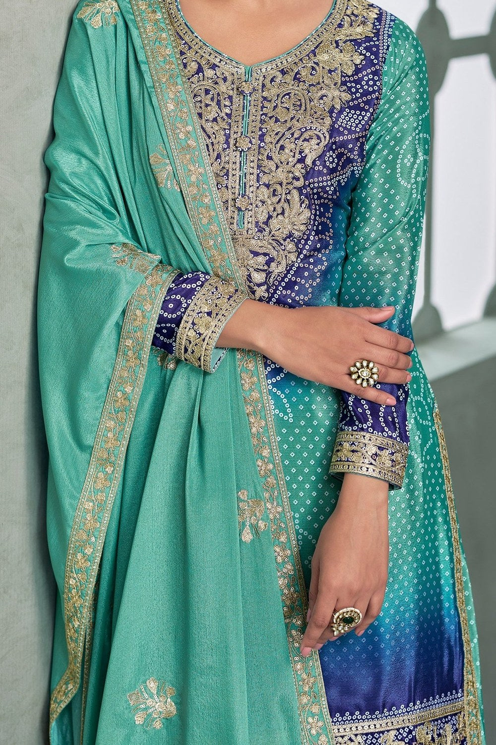 Teal Chinon Silk Dual Color Bandhani Print Style Plazo Suit For Indian & Pakistani Wedding Festival - Thread & Sequence Embroidery Work, Print Work - hem and footwear detail