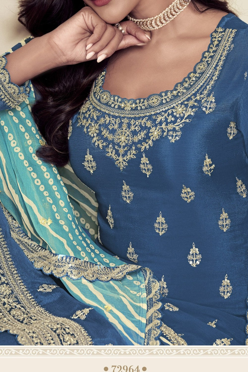 Blue Chinon Silk Palazzo Suit For Indian Wedding & Pakistani Festival - Embroidery Work, Print Work - hem and footwear detail