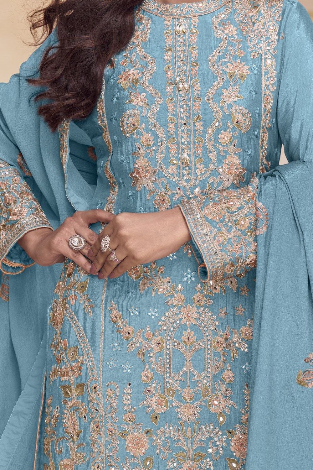 Festival Wear Sky Blue Chinon Silk Kameez with Palazo - hem and footwear detail