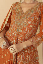 Orange Plazo Style Sangeet Outfit for Women in Georgette - Zari & Swarovski - hem and footwear detail