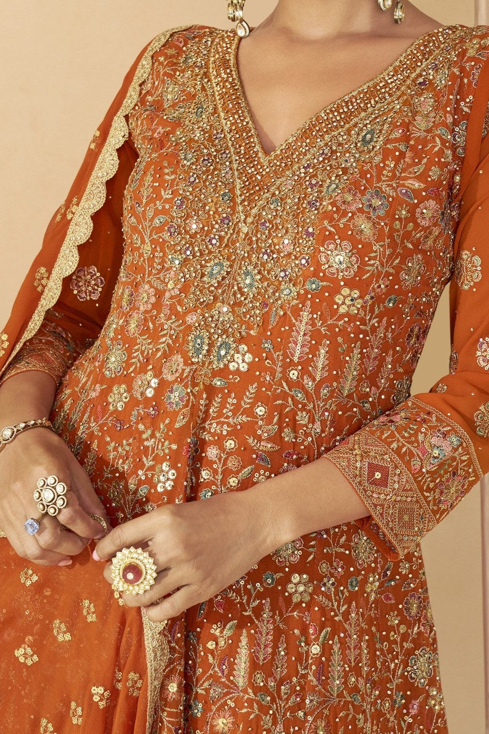 Orange Plazo Style Sangeet Outfit for Women in Georgette - Zari & Swarovski - hem and footwear detail