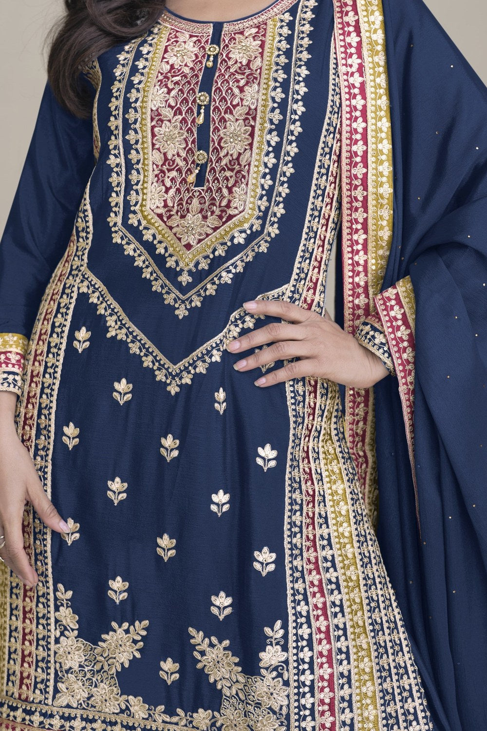 Blue Chinon Silk Palazzo Suit For Indian Weddings & Pakitani Festival - Embroidery Work - hem and footwear detail
