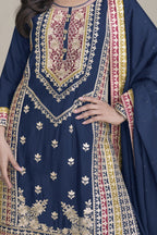 Blue Chinon Silk Palazzo Suit For Indian Weddings & Pakitani Festival - Embroidery Work - hem and footwear detail