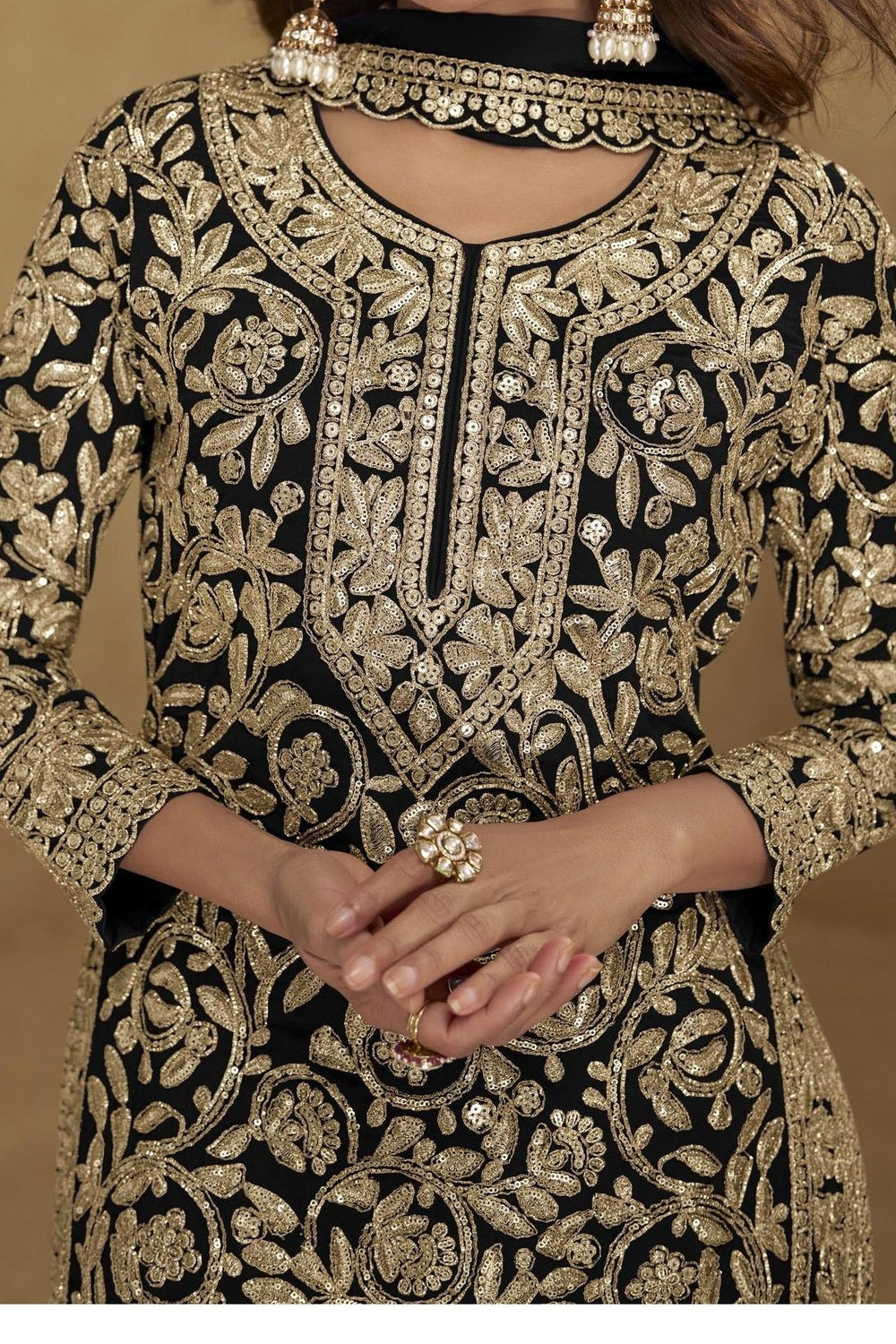 Embroidered Suit for Womens | Black Georgette Sequin Plazo Set - hem and footwear detail