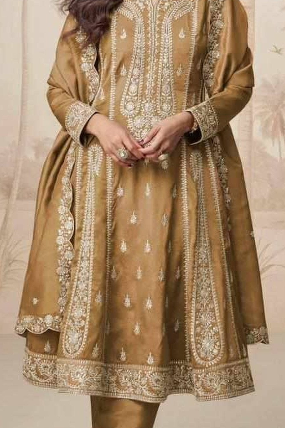 Golden Bronze  Simmer Silk Kameez With Pant For Indian & Pakistani Wedding Festival - Embroidery Work - detail view