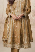 Golden Bronze  Simmer Silk Kameez With Pant For Indian & Pakistani Wedding Festival - Embroidery Work - detail view