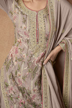 Gray Brown Chinon Silk Engagement Dresses For Women Palazzo Suit - Thread Embroidery Work - hem and footwear detail