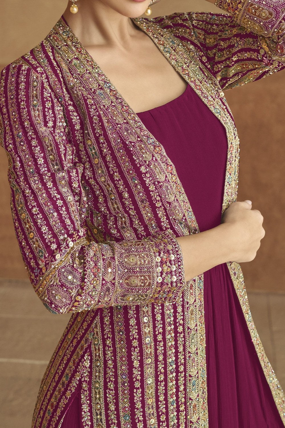 Dark Pink Georgette Indian Bridal Reception Gown with Jacket & Belt for Wedding - Embroidery Work - hem and footwear detail