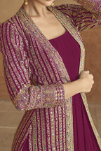 Dark Pink Georgette Indian Bridal Reception Gown with Jacket & Belt for Wedding - Embroidery Work - hem and footwear detail
