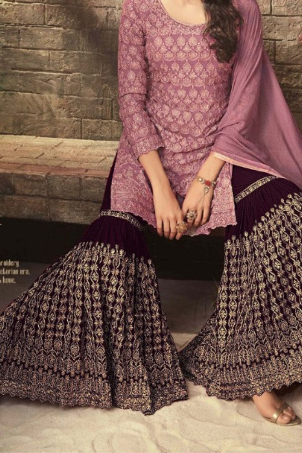 Light Pink Georgette Sharara Gharara Suit Pakistani for Wedding Perfect for Reception - Thread Embroidery Work - hem and footwear detail