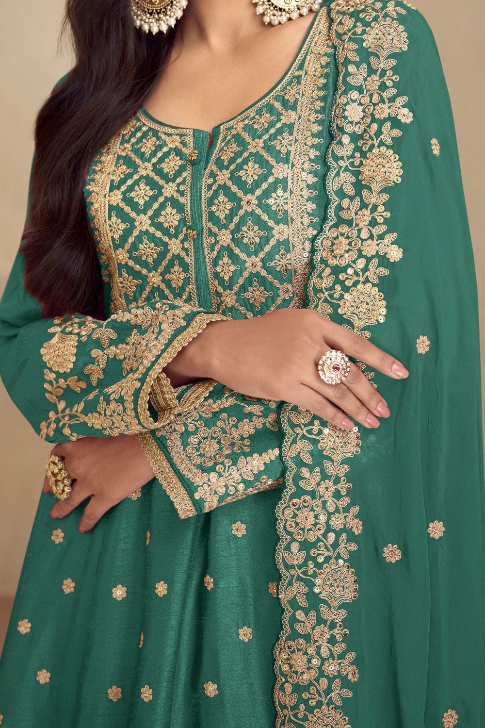 Teal Chinon Silk Plazo Suit For Indian Weddings & Pakitani Festival - Embroidery Work - hem and footwear detail