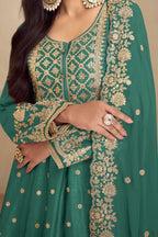 Teal Chinon Silk Plazo Suit For Indian Weddings & Pakitani Festival - Embroidery Work - hem and footwear detail