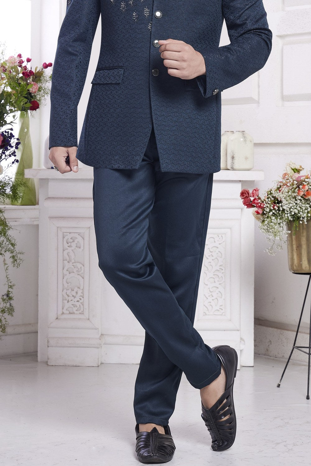 Dark Blue Jacquard Silk Traditional Jodhpuri Suits with Pant for Men for Wedding - Embroidery Work - hem and footwear detail