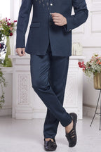 Dark Blue Jacquard Silk Traditional Jodhpuri Suits with Pant for Men for Wedding - Embroidery Work - hem and footwear detail