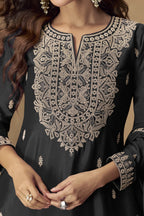 Black Embroidered Palazo Pakistani Suits in Chinon Silk - hem and footwear detail
