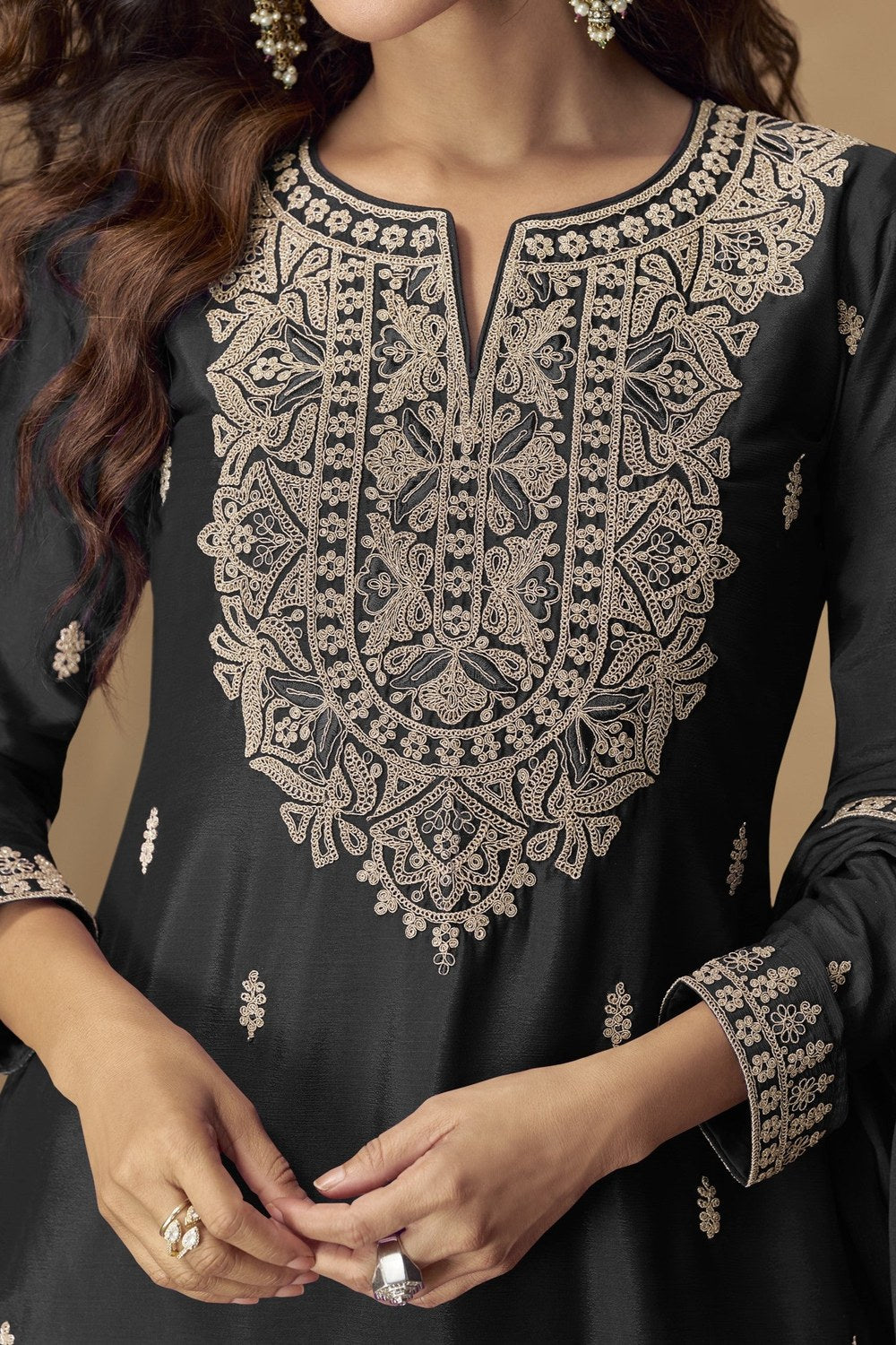 Black Embroidered Palazo Pakistani Suits in Chinon Silk - hem and footwear detail