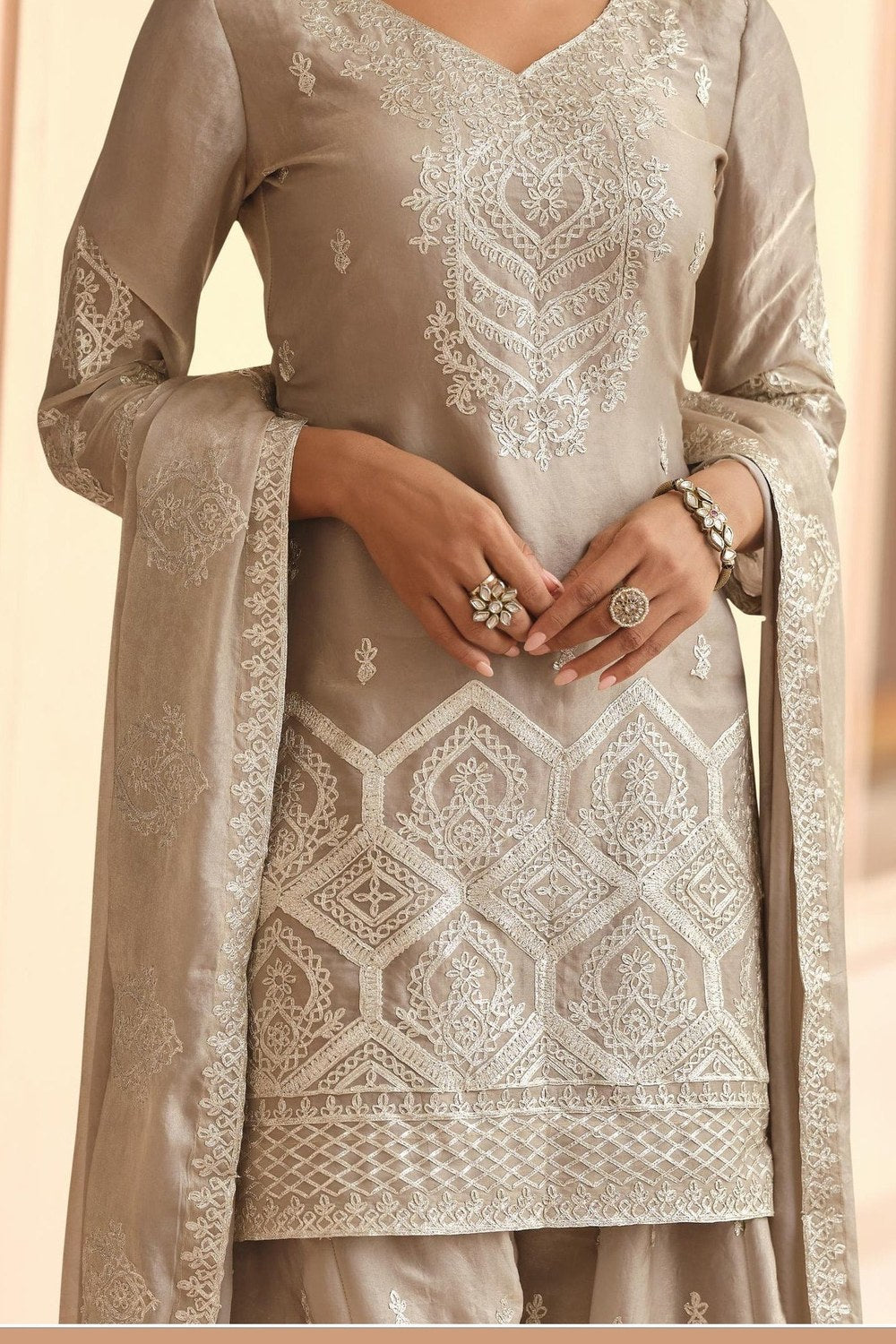 Beige Premium Tora Silk Palazzo Suit For Indian & Pakistani Wedding Festival - Patti Work - hem and footwear detail