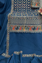 Teal Chinon Silk Kameez With Palazzo Suit For Indian & Pakistani Wedding Festival - Thread & Sequence Embroidery - hem and footwear detail