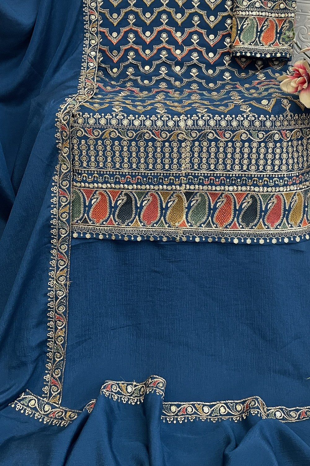 Teal Chinon Silk Kameez With Palazzo Suit For Indian & Pakistani Wedding Festival - Thread & Sequence Embroidery - hem and footwear detail