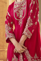 Red Crepe Kameez with Dhoti For Indian Festivals & Weddings - Embroidery Work - hem and footwear detail