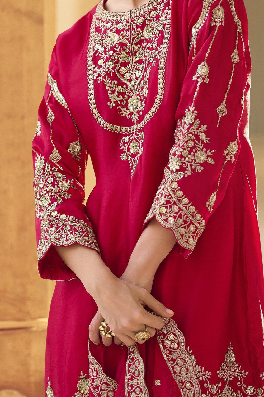 Red Crepe Kameez with Dhoti For Indian Festivals & Weddings - Embroidery Work - hem and footwear detail