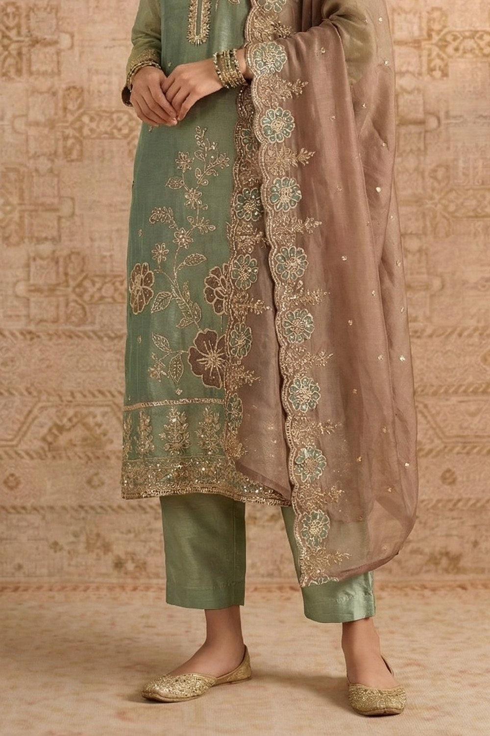 Pista Green Shimmer Silk Female Kameez with Pant - Embroidery Work - hem and footwear detail