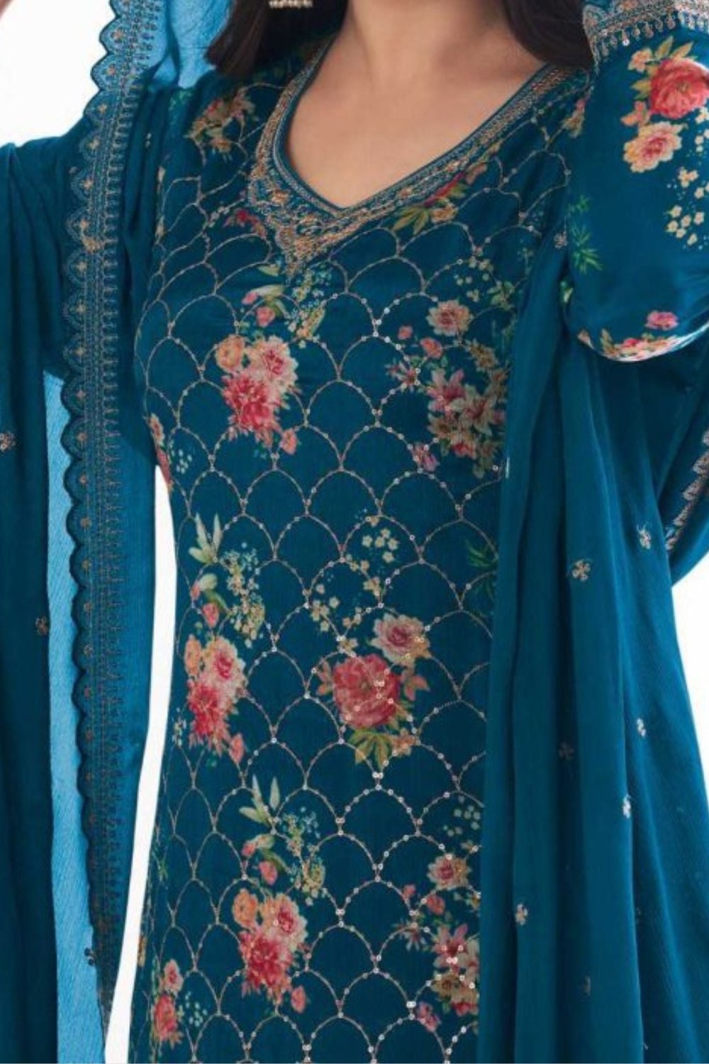 Teal Blue Chinon Silk Floral Plazo Suit For Indian Festivals & Pakistani Weddings Dress - Embroidery Work, Print Work - hem and footwear detail