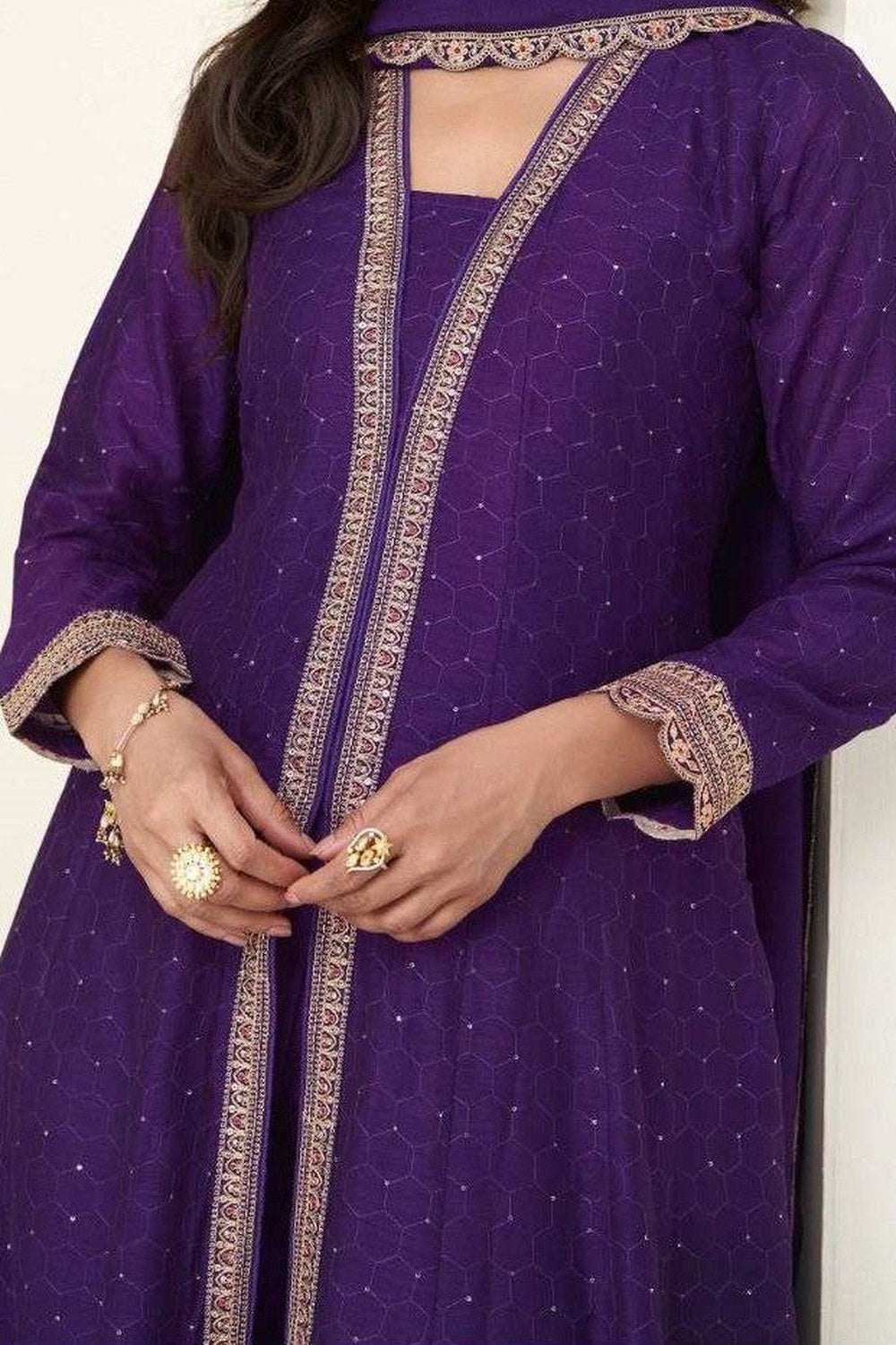 Purple Chinon Silk Thread and Sequins Designer Anarkali Suits - hem and footwear detail