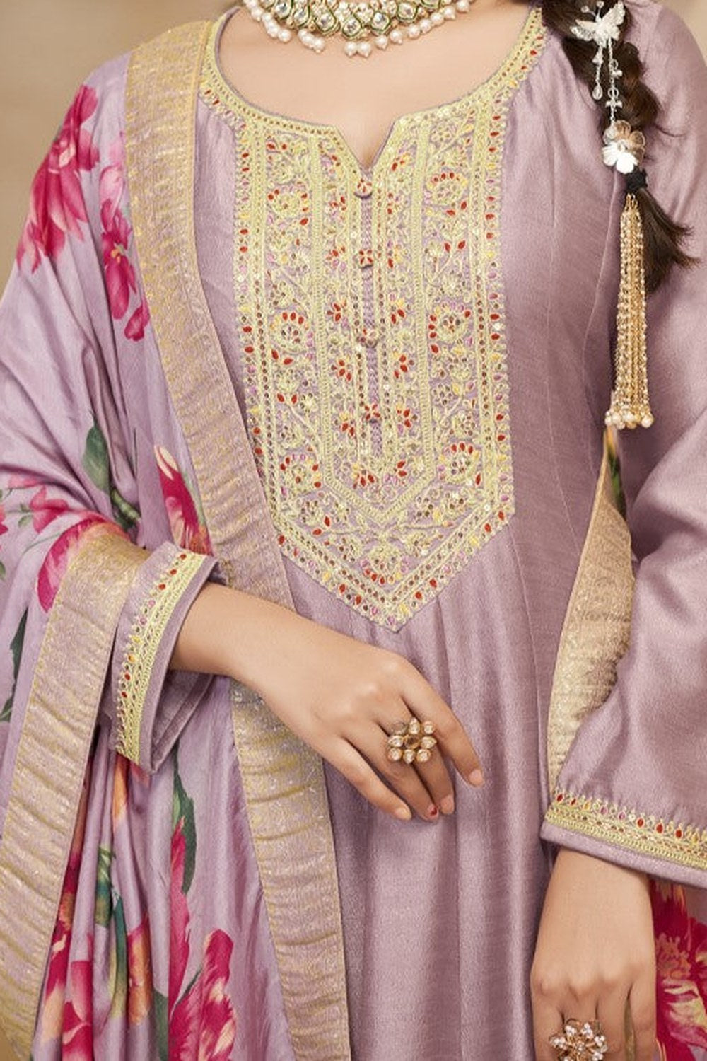 Mauva Chinon Silk Long Kameez Pant Suit For Indian Festivals & Weddings - Embroidery Work, Print Work - hem and footwear detail