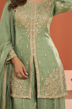 Green Fandy Silk Plazo Suit For Indian & Pakistani Wedding Festival - Thread Embroidery Work - hem and footwear detail