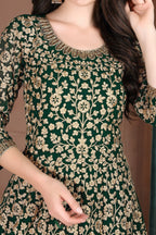 Green Georgette Thread Embroidery Anarkali Dresses for an Indian Wedding Guest - hem and footwear detail