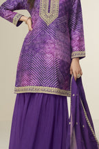 Purple Chinon Silk Plazo Suit For Indian & Pakistani Wedding Festival - Embroidery Work, Print Work - detail view