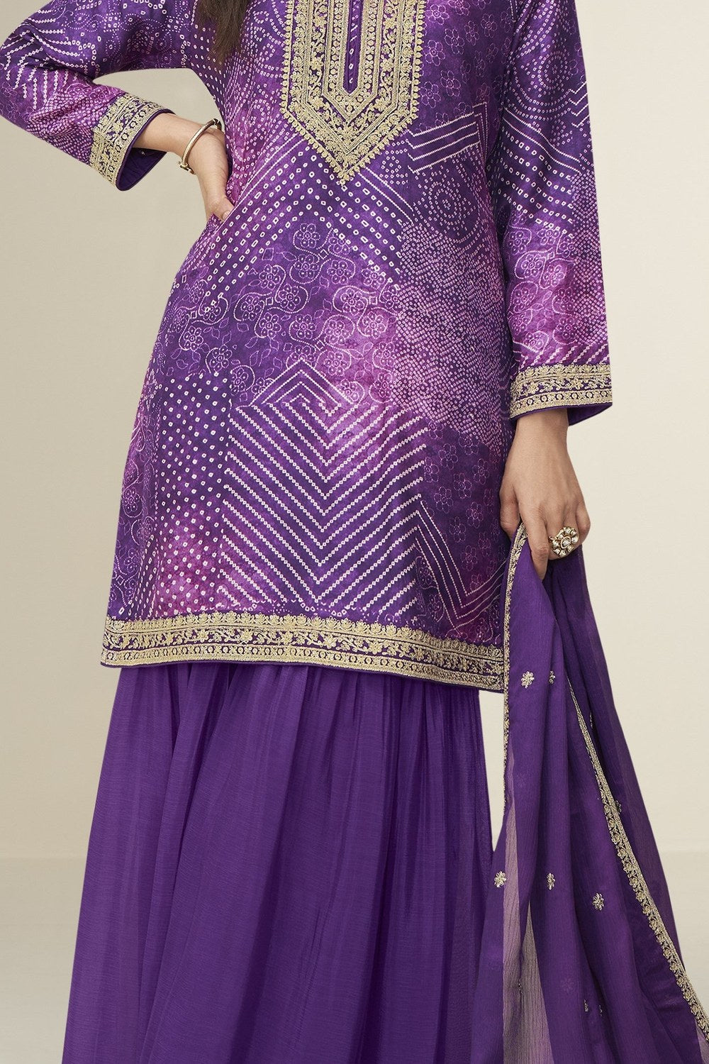 Purple Chinon Silk Plazo Suit For Indian & Pakistani Wedding Festival - Embroidery Work, Print Work - detail view