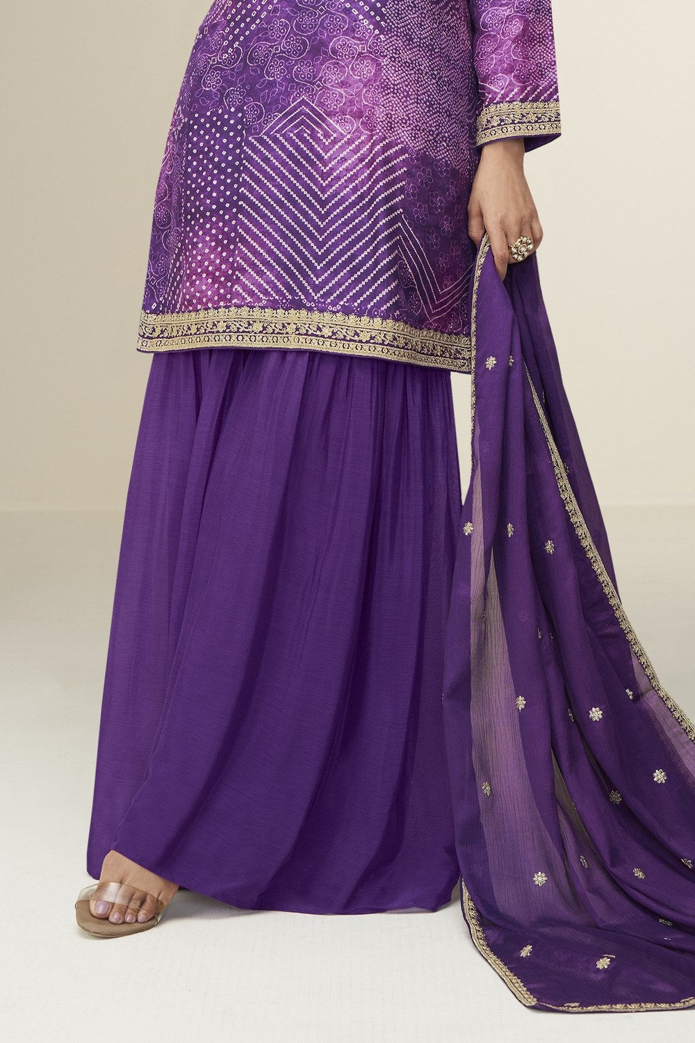 Purple Chinon Silk Plazo Suit For Indian & Pakistani Wedding Festival - Embroidery Work, Print Work - hem and footwear detail