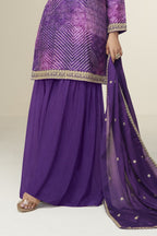 Purple Chinon Silk Plazo Suit For Indian & Pakistani Wedding Festival - Embroidery Work, Print Work - hem and footwear detail
