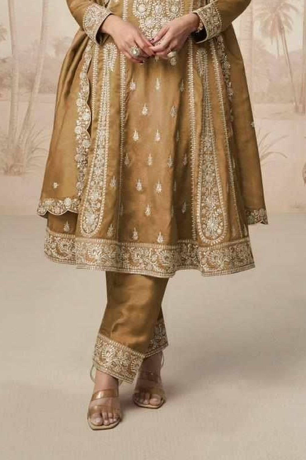 Golden Bronze  Simmer Silk Kameez With Pant For Indian & Pakistani Wedding Festival - Embroidery Work - hem and footwear detail