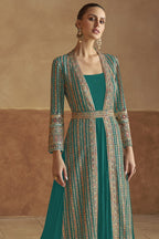 Peacock Blue Georgette India Wedding Gowns Gown with Jacket & Belt - Embroidery Work - close-up view