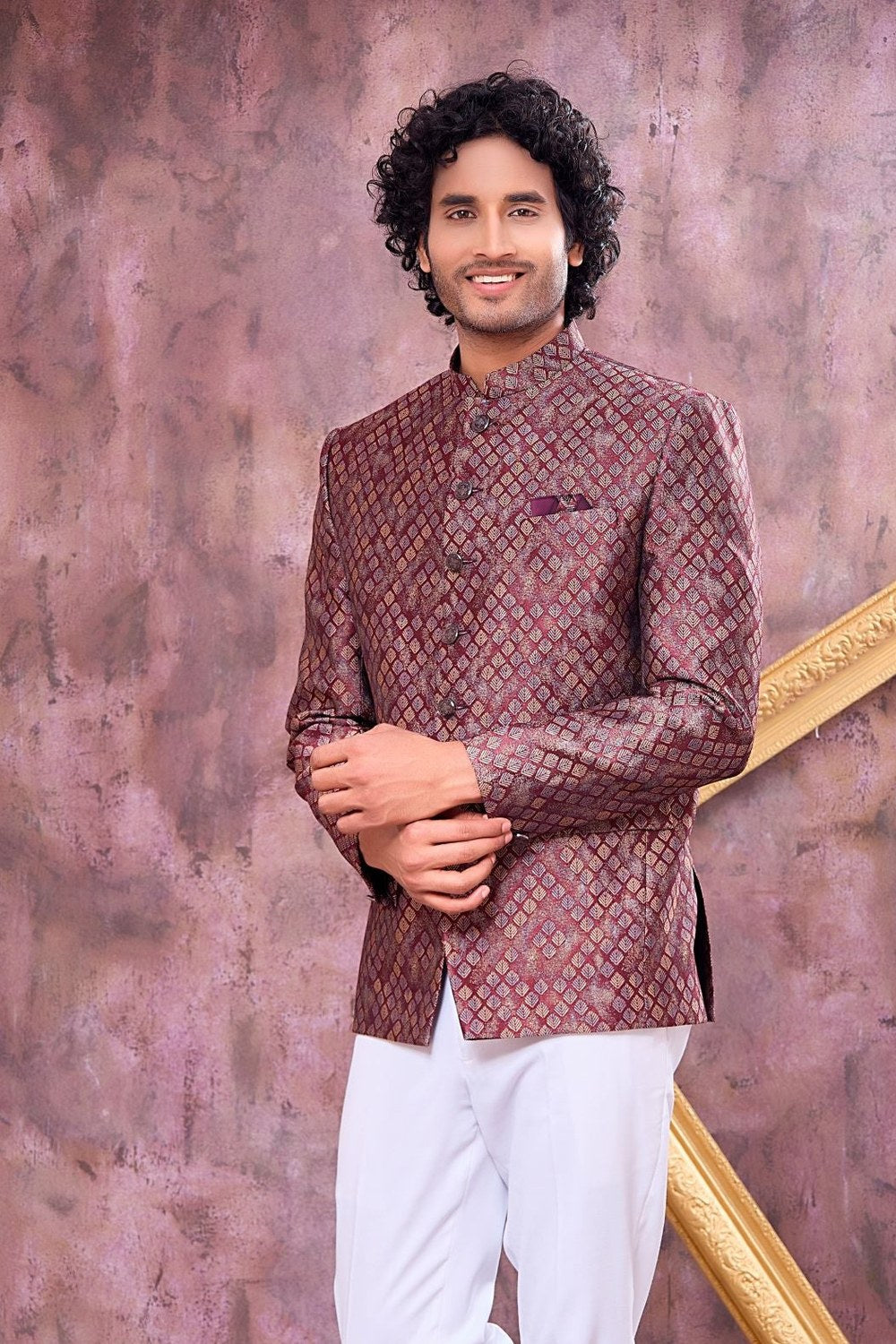 Burgundy Jacquard Mens Indian Wedding Attire Jodhpuri & Pant - Weave Work - close-up view