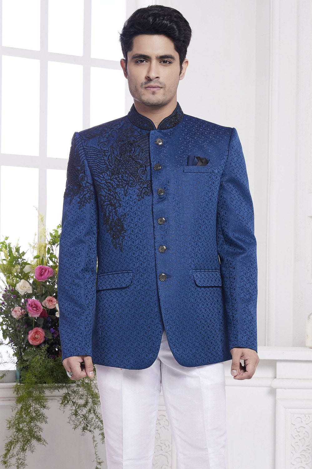 Blue Jacquard Silk Traditional Jodhpuri Suits with Pant for Men for Wedding - Embroidery Work - close-up view