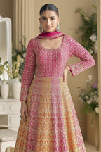Pink Georgette Anarkali Suit For Indian & Pakistani Wedding Festival - Sequins & Thread Embroidery Work - close-up view
