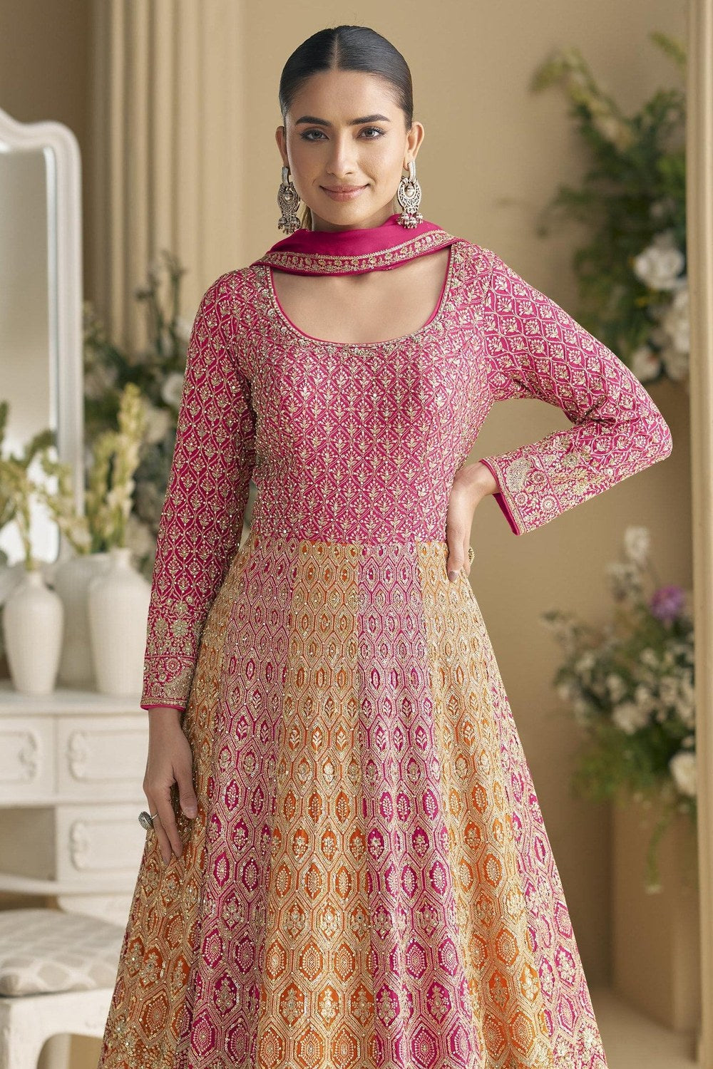 Pink Georgette Anarkali Suit For Indian & Pakistani Wedding Festival - Sequins & Thread Embroidery Work - close-up view
