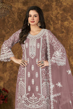 Rust Pink Net Plazo Pakistani Style Wedding Dresses with Thread Embroidery Work - close-up view